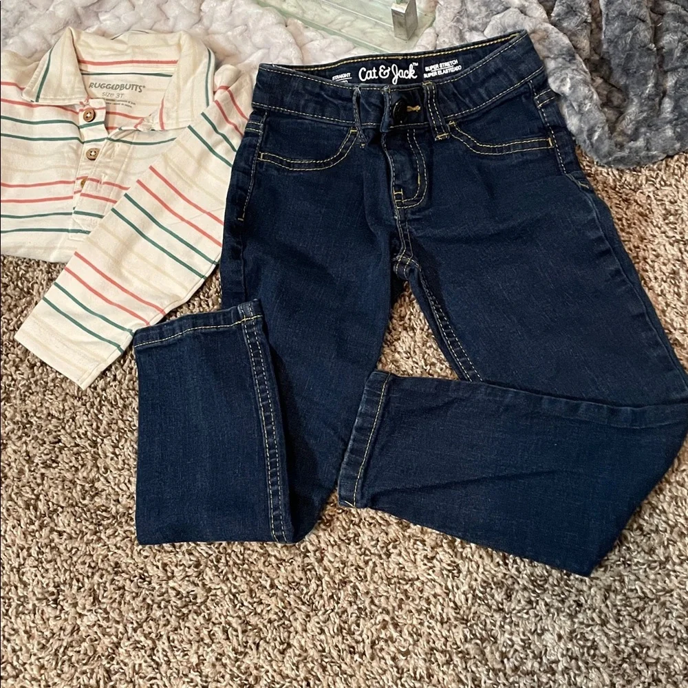 2 pcs Cat & Jack Jeans 4 & Multicolor Striped Top & Rugged Butt Shirt 3T Set